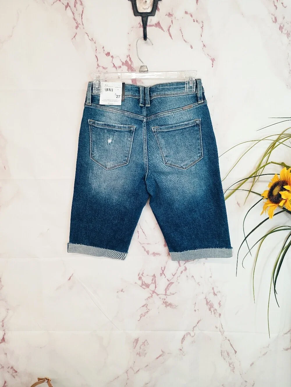 NWT Kancan Bermuda Denim Shorts Size 7/27 Distressed Stretch Cuffed